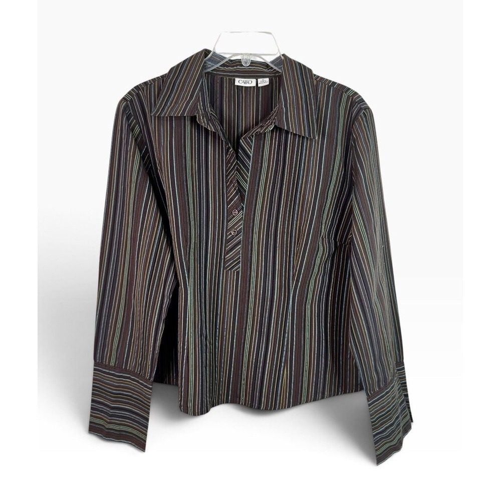 CATO Striped Blouse Woman XL Brown Blue Side Zip Long Sleeve Buttons